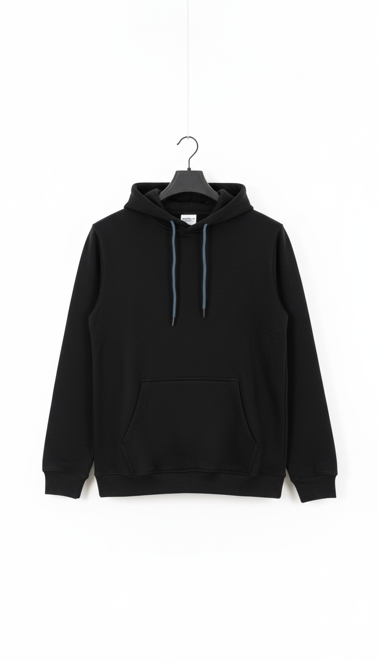Model wearing plain black fleece hoodie with jeans in urban setting

Black fleece hoodie styled for casual streetwear look

Classic black fleece hoodie for men and women, cozy pullover sweatshirt

Minimalist black hoodie made from warm fleece, everyday casual wear

Comfortable black fleece hoodie with drawstring hood and kangaroo pocket

Plain black fleece hoodie on white background

Unisex black fleece hoodie front view

Soft black pullover hoodie made of fleece fabric
