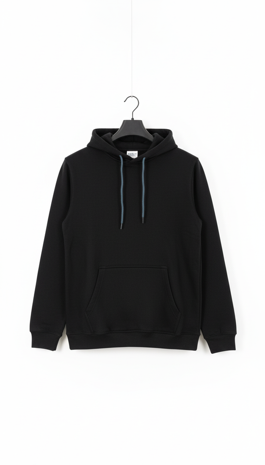 Model wearing plain black fleece hoodie with jeans in urban setting

Black fleece hoodie styled for casual streetwear look

Classic black fleece hoodie for men and women, cozy pullover sweatshirt

Minimalist black hoodie made from warm fleece, everyday casual wear

Comfortable black fleece hoodie with drawstring hood and kangaroo pocket

Plain black fleece hoodie on white background

Unisex black fleece hoodie front view

Soft black pullover hoodie made of fleece fabric