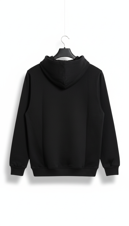 Model wearing plain black fleece hoodie with jeans in urban setting

Black fleece hoodie styled for casual streetwear look

Classic black fleece hoodie for men and women, cozy pullover sweatshirt

Minimalist black hoodie made from warm fleece, everyday casual wear

Comfortable black fleece hoodie with drawstring hood and kangaroo pocket

Plain black fleece hoodie on white background

Unisex black fleece hoodie front view

Soft black pullover hoodie made of fleece fabric